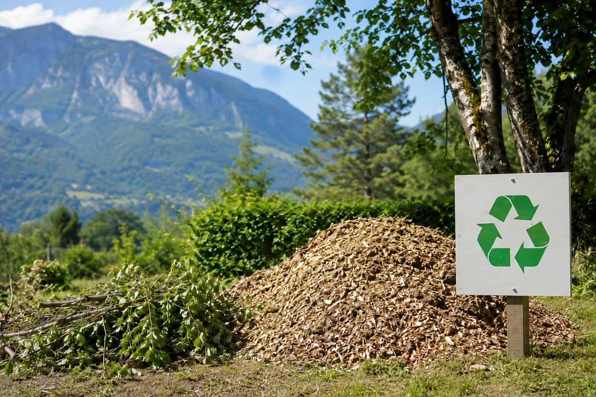 Tas de copeaux et broyat issus de chantier avec panneau de revalorisation
