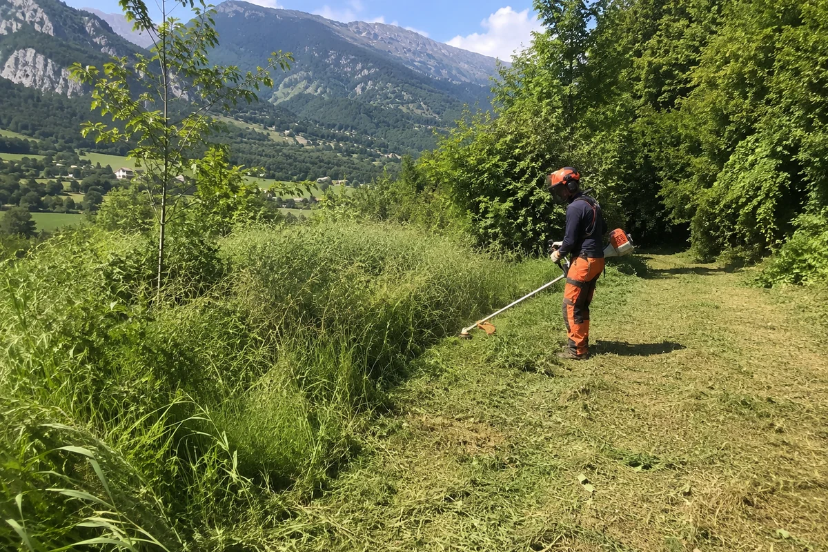 Débroussailleuse dans l'herbe haute pour remise en état